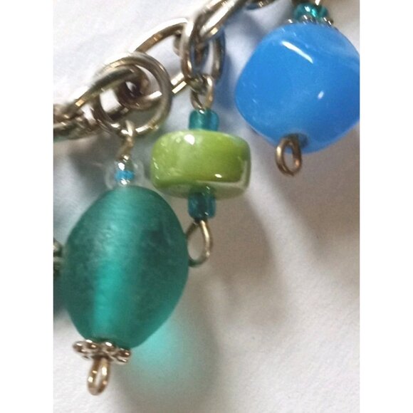 Vintage Art Glass Christian Symbols Charm Bracelet Silver Tone Chain Beads - Picture 9 of 14